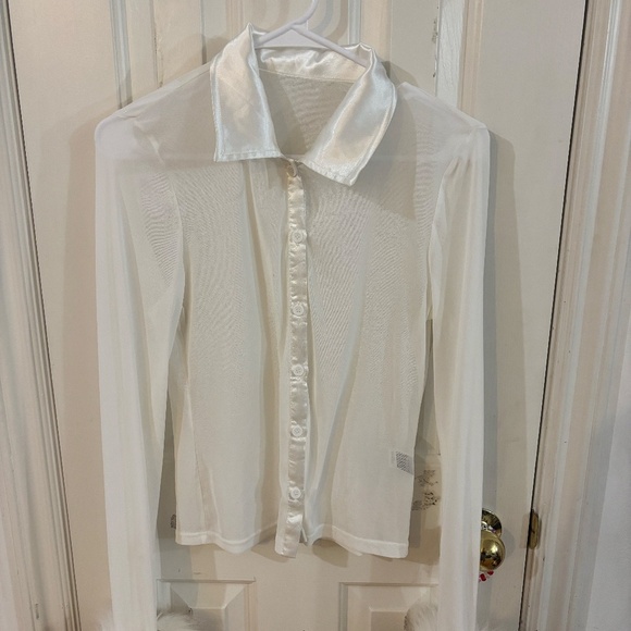 white c-thru sheer button up satin like collar and fluffy wrists - Picture 2 of 5
